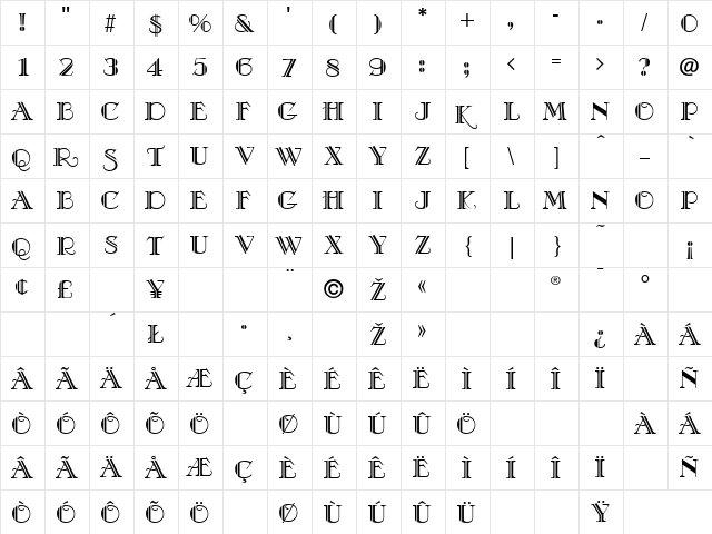 Paradise Normal  glyph index