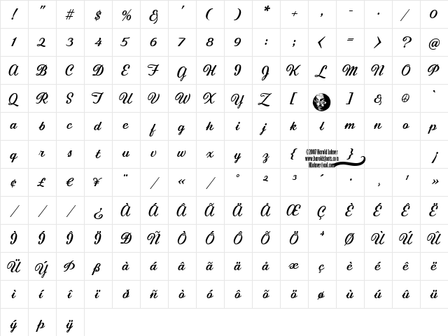 New England Regular  glyph index