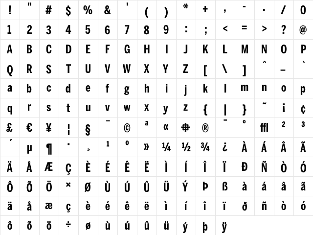 BentonSans ExtraCondensed Bold  glyph index