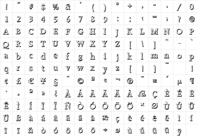 RaleighShadow Regular  glyph index