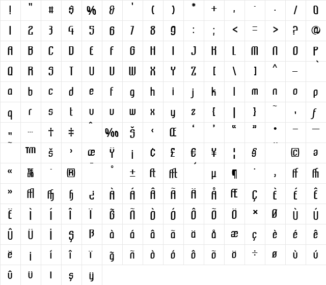 TrSah Komikazba Regular  glyph index