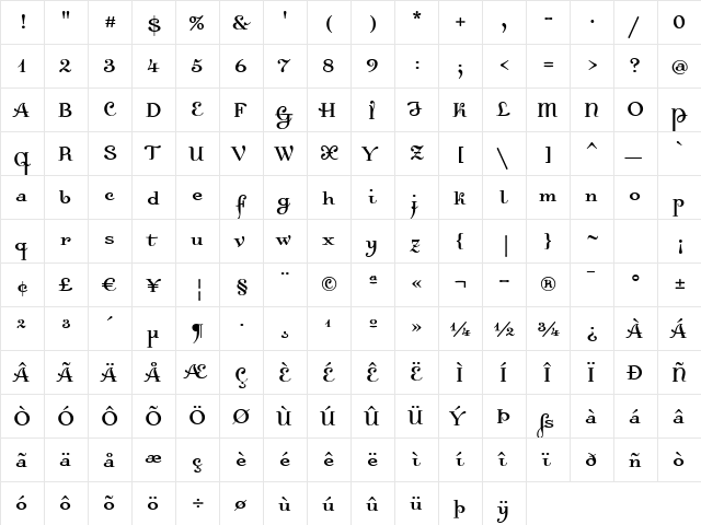 Dalliance Roman  glyph index