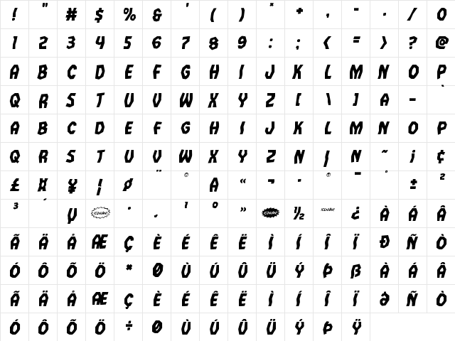 Vampire Bride Italic Italic  glyph index