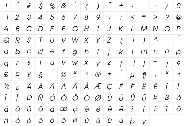 AvantGarde-BookOblique Regular  glyph index