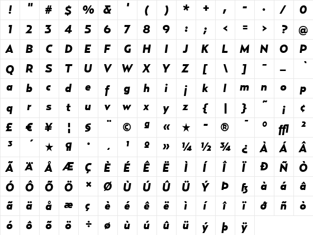 Relay-BlackItalic Regular  glyph index