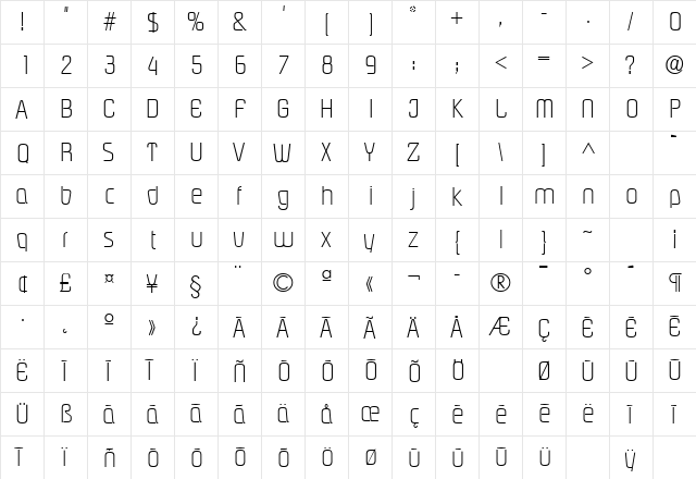 PasadenaL Regular  glyph index