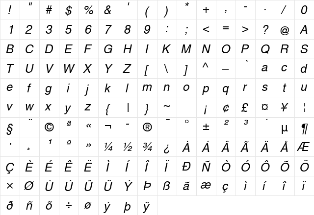 Helvetica World Italic  glyph index