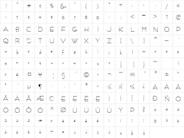 PT Fineline Normal  glyph index