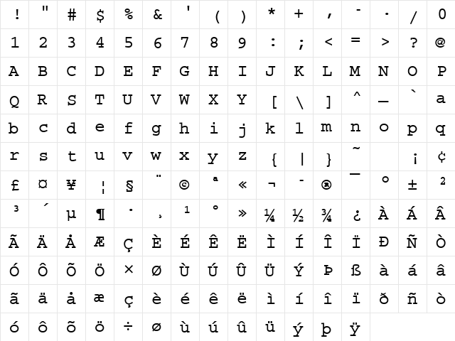 Courier Becker Bold  glyph index