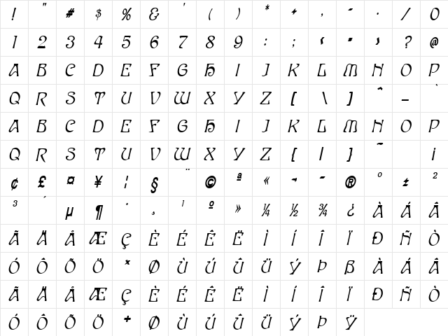 Elves-Condensed Bold Italic  glyph index