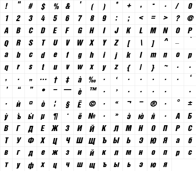 Iskar Bold Italic  glyph index