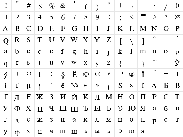 NewtonC Regular  glyph index