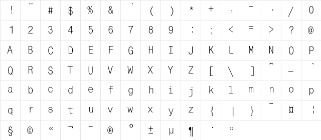 MonoCondensedC Regular  glyph index