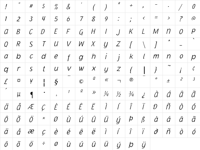 JacobyICG XLightItalic  glyph index