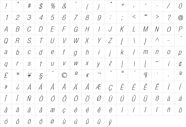 Icolnova Light  glyph index