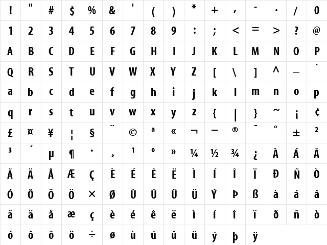 MyriadCn Bold  glyph index