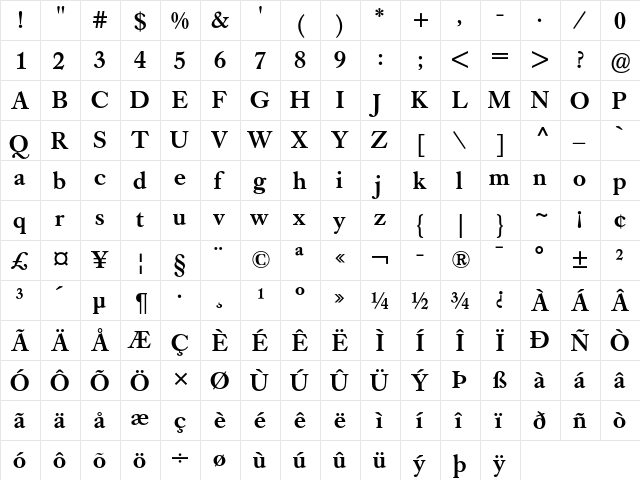 Caslon Book BE Medium  glyph index