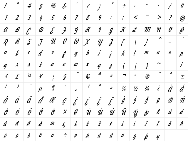 Jott43Thin Italic  glyph index