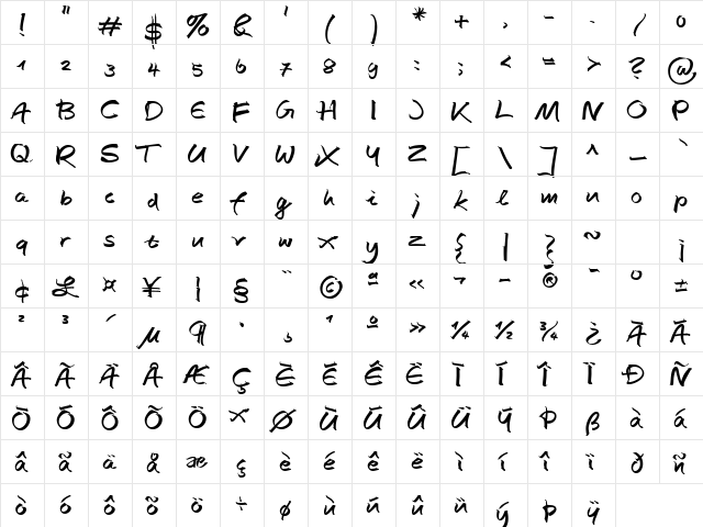 AutographScriptEF BoldAlt  glyph index