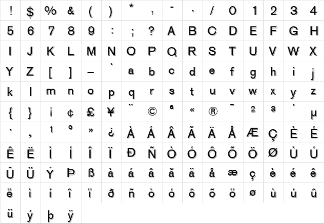AGOldFaceShaded Roman  glyph index