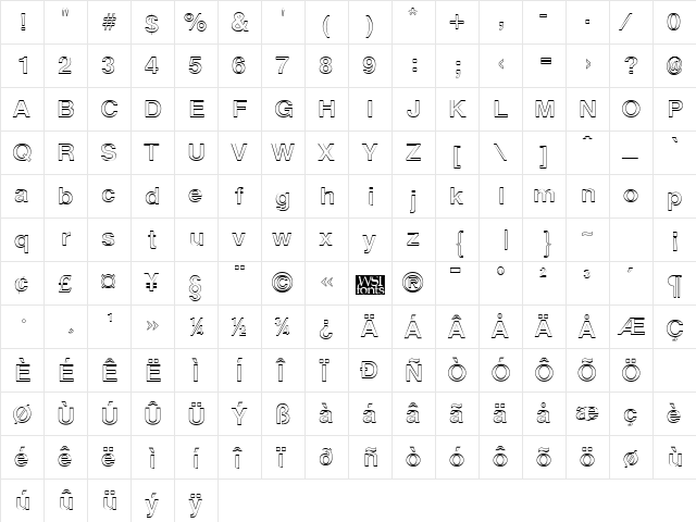 ArenaOutline Regular  glyph index