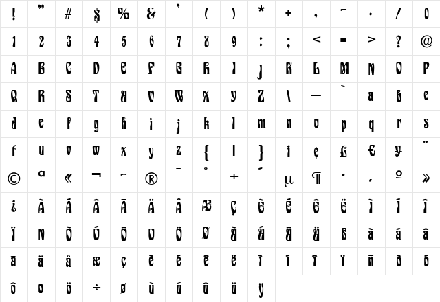 NancyBecker Regular  glyph index