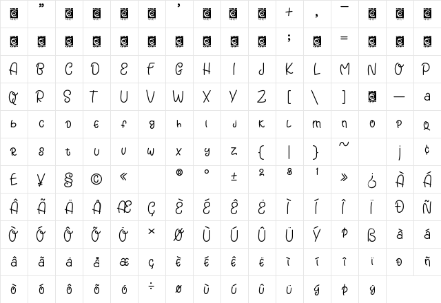 Honeyberry Regular  glyph index