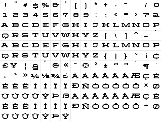 Menscho Regular  glyph index