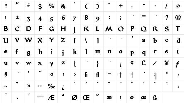 JubileeBold Regular  glyph index