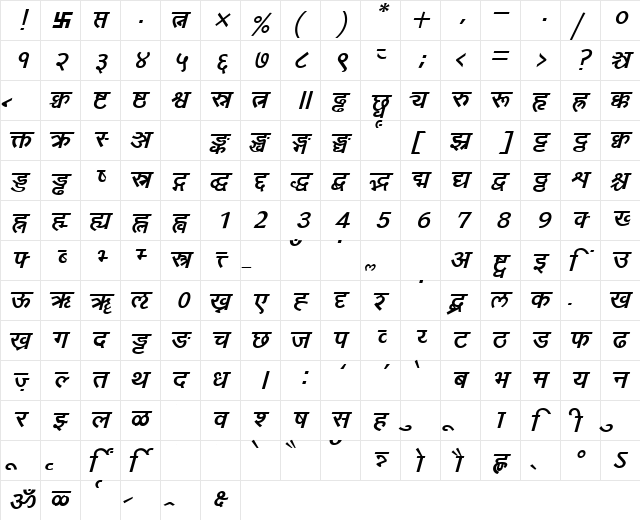 Yogeshweb Bold Italic  glyph index