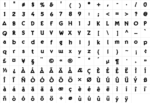 Twig Black Regular  glyph index