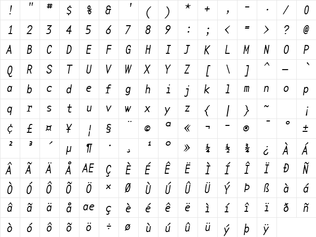 BaseMonoNarrowThinItalic Italic  glyph index