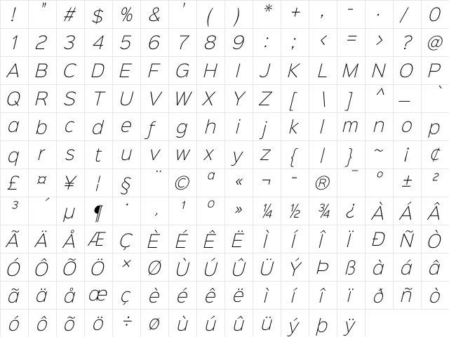 Sinkin Sans 200 X Light Italic Regular  glyph index