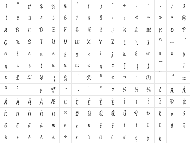 Brody03 Becker Regular  glyph index
