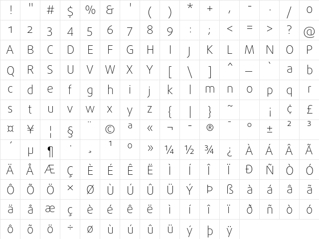 DaxlinePro Thin  glyph index