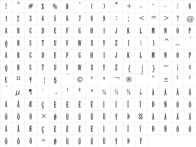 Latin Extra Condensed Regular  glyph index