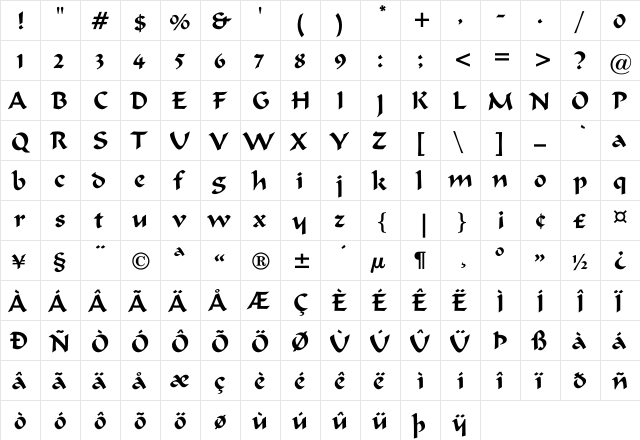 FormalScript421BT-Regular Regular  glyph index