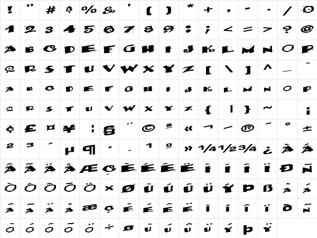 BackWater52 Regular  glyph index