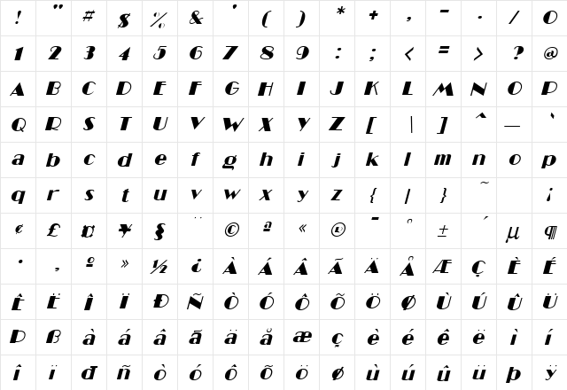 Miami-Italic Normal  glyph index