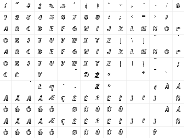 French Flash Regular  glyph index
