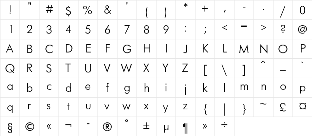 FuturisLightC Regular  glyph index