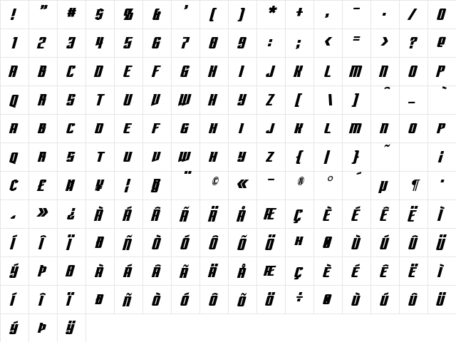 Subspace Bold Italic  glyph index