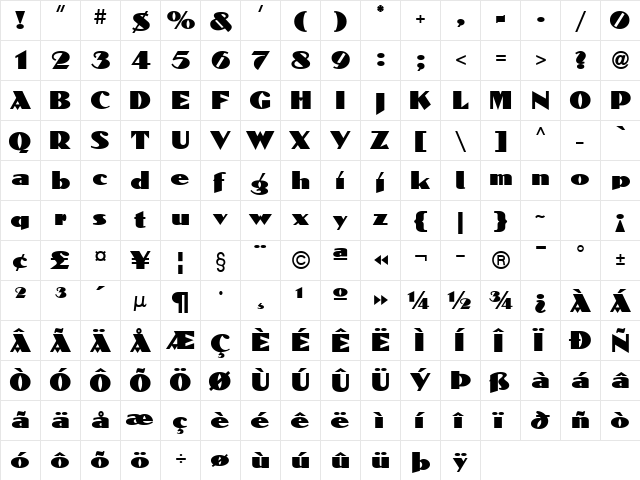 Dolmen ICG Regular  glyph index