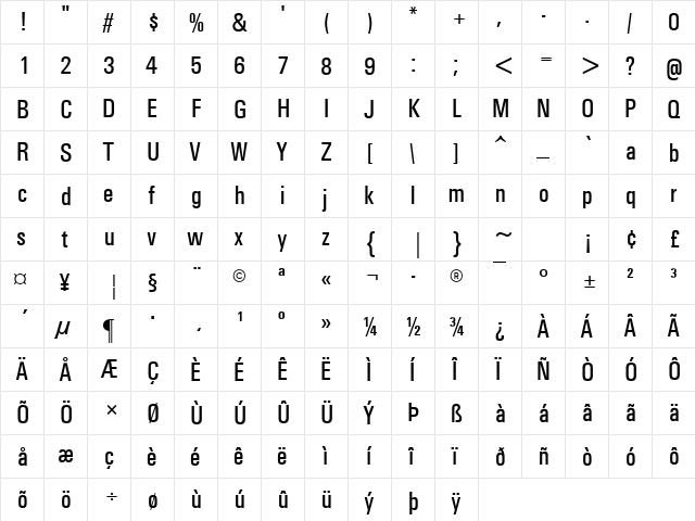 Univers Condensed Regular  glyph index