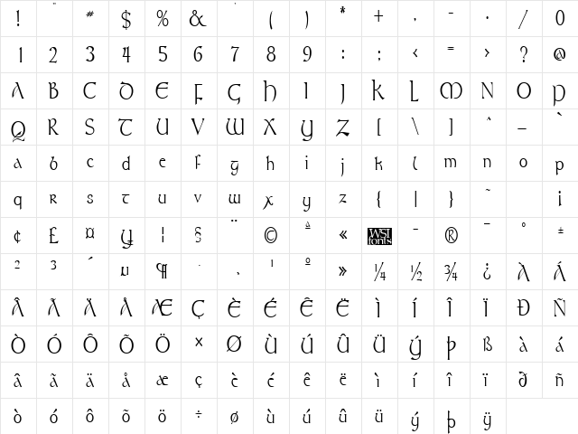 TolkienNarrow Regular  glyph index
