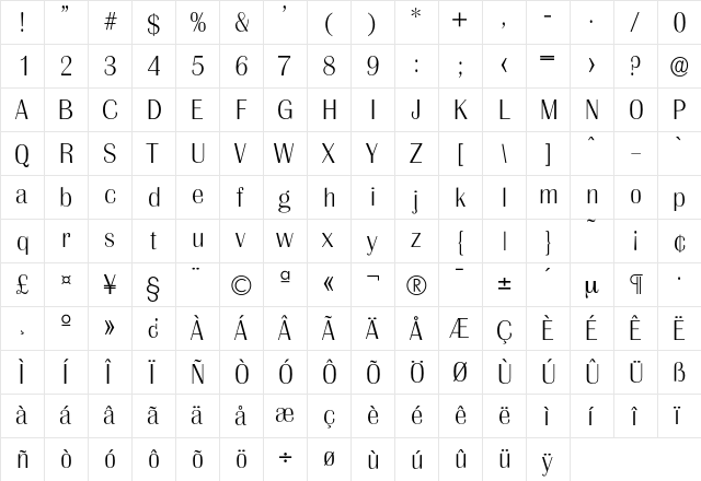 Grenoble-Xlight Regular  glyph index