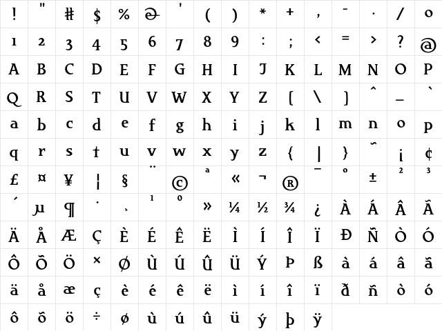 Cajoun LT Std Regular  glyph index