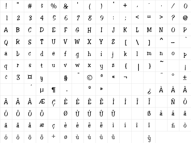 Disney Print Regular  glyph index