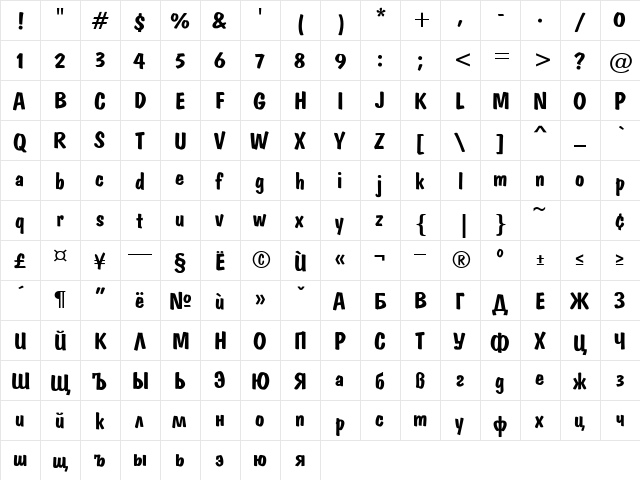 Domkrat Bold  glyph index