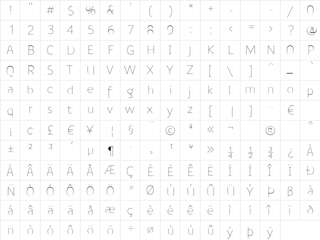PreciousSansThin Regular  glyph index
